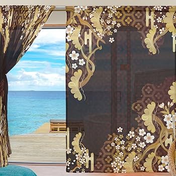 和レース★6枚セット Amazon｜レースカーテン 和風 和柄 日本 さくら 桜 金色